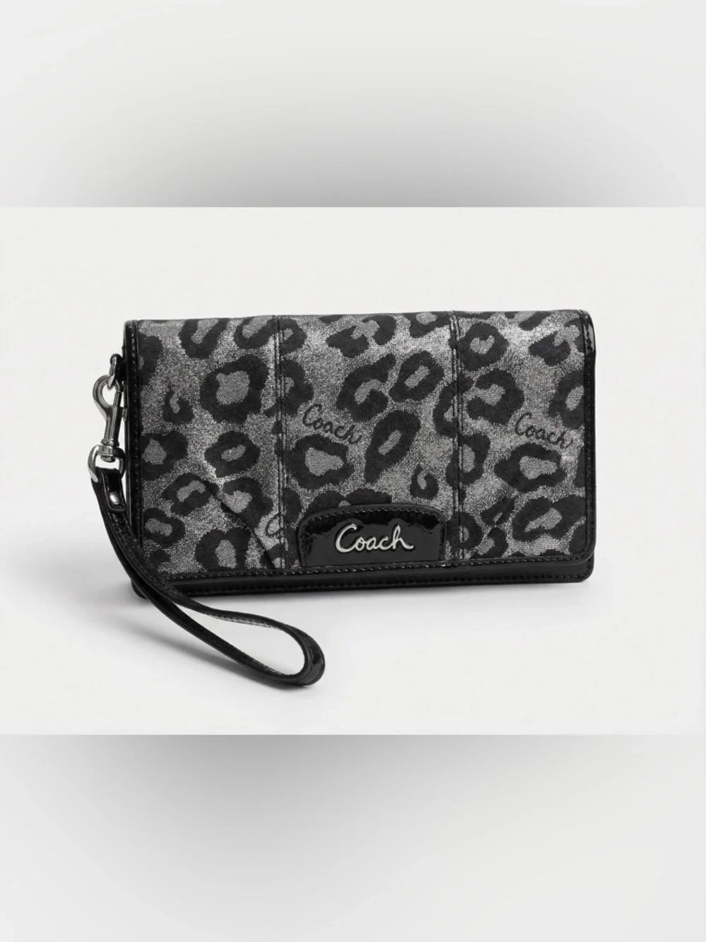 Coach Leopard Print Wristlet Wallet | Signature Canvas & Patent Leather Trim - Picture 1 of 15